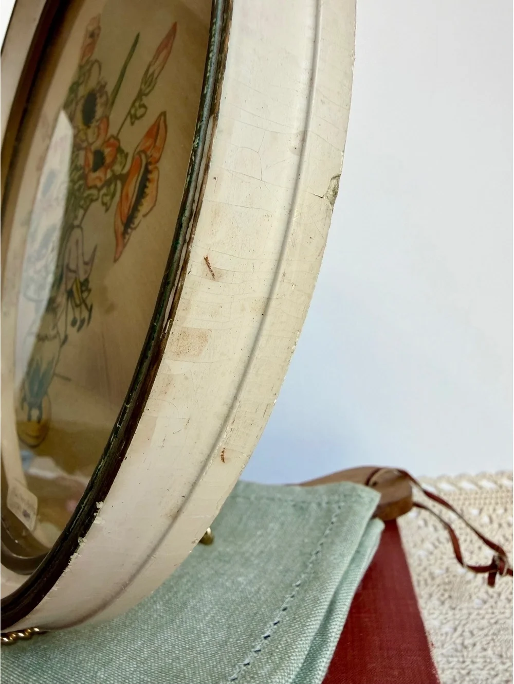 Vintage 1940s Hand Painted Floral Wall Art Round Peony Painting Ivory Frame